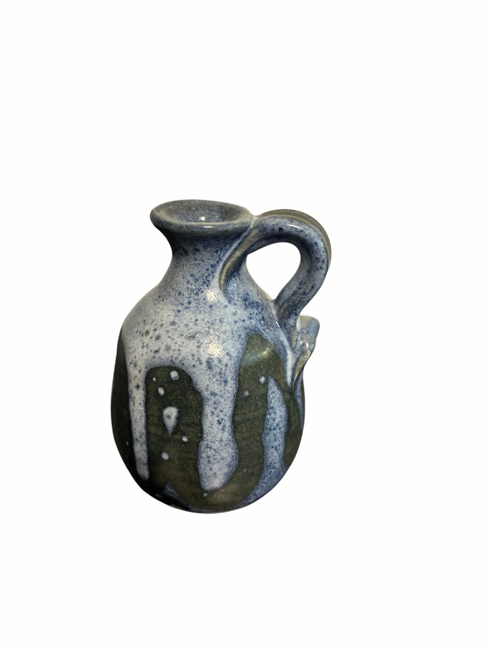 Artisan Studio Pottery Blue Grey Drip Glaze Handled Bud Vase Signed Ceramic Jug